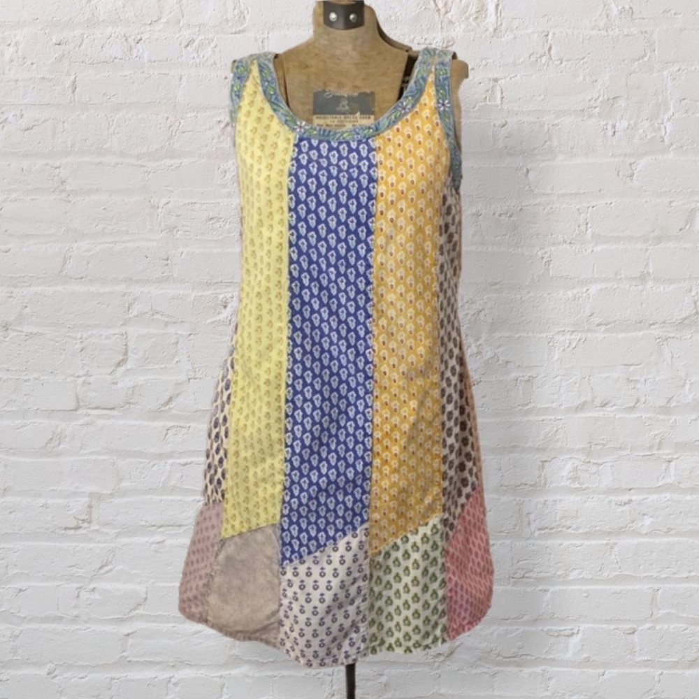 VINTAGE Cotton Blue Pink Yellow Floral Patchwork Sleeveless Knee Length Dress